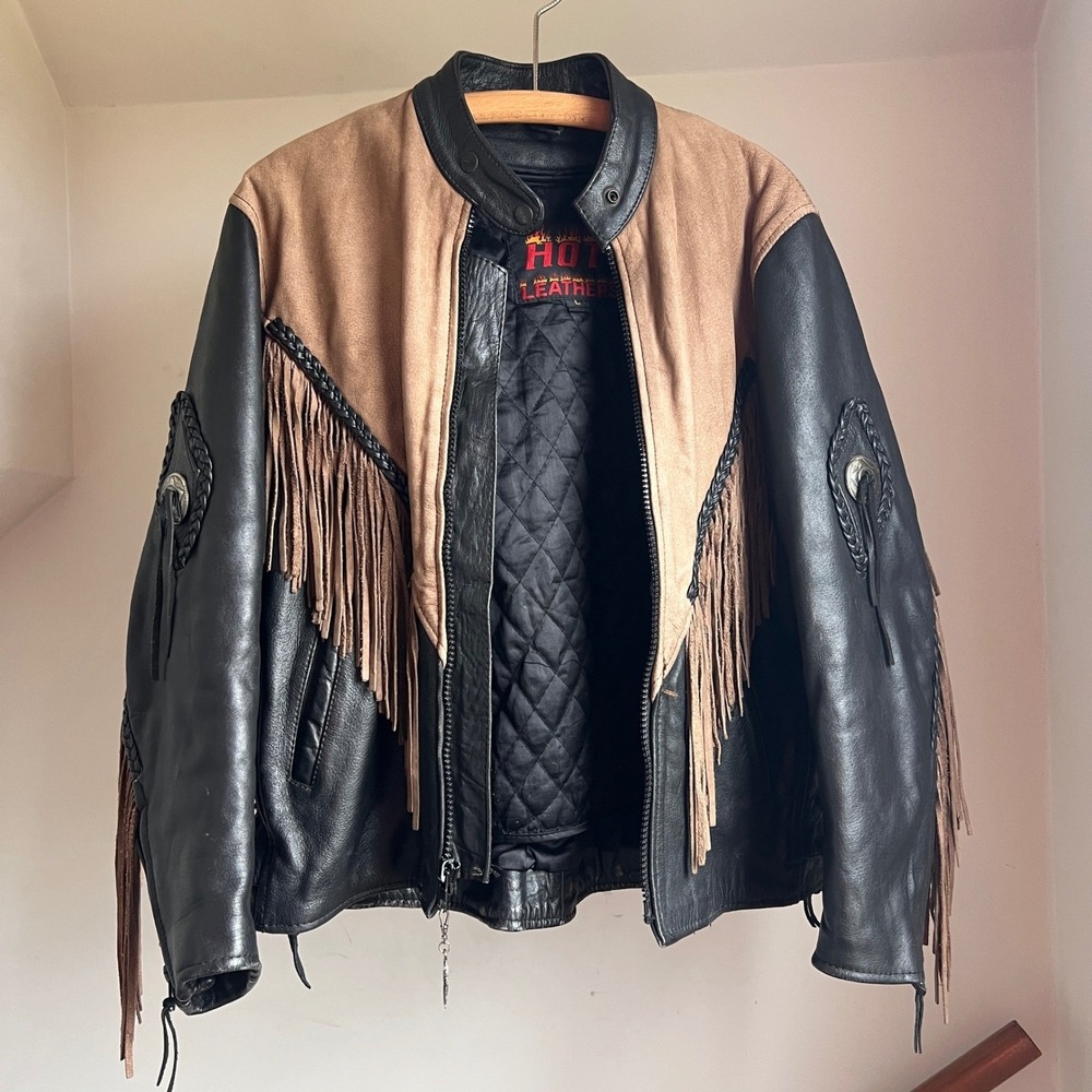 Vintage Leather Fringe Motorcycle Jacket Black Tan Biker‎ Western Braided Lace - Picture 4 of 12